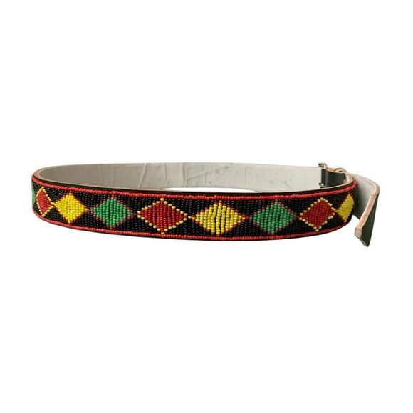 Beaded Leather Waist Belt Handmade Size 38 Red Yellow Green Boho Hippie Festival - Picture 3 of 10